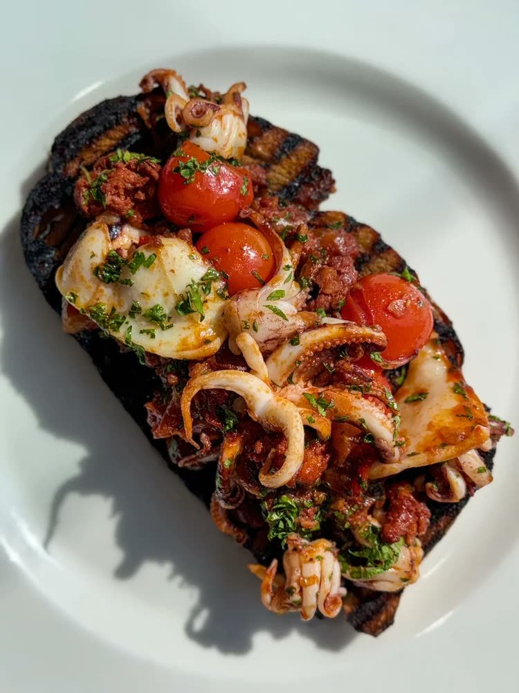 Crabshakk – squid and &rsquo;nduja on grilled sourdough