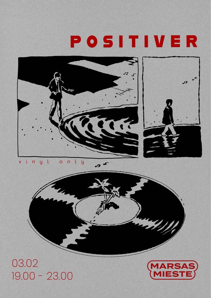 Positiver – two drawn panels above a sliced record